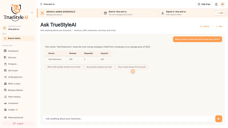 AI Business Assistant answer with a table