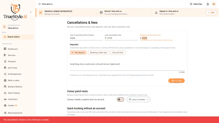 Cancellations and fees settings