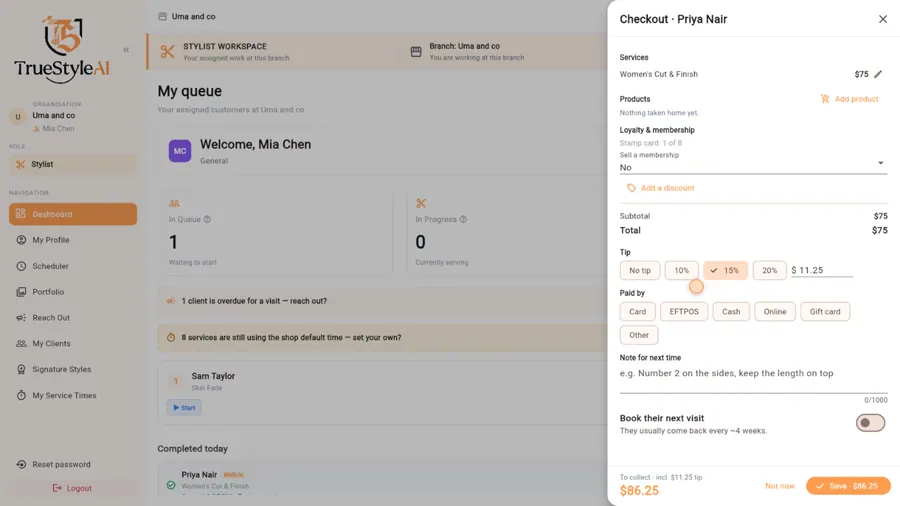 Itemised checkout at the chair