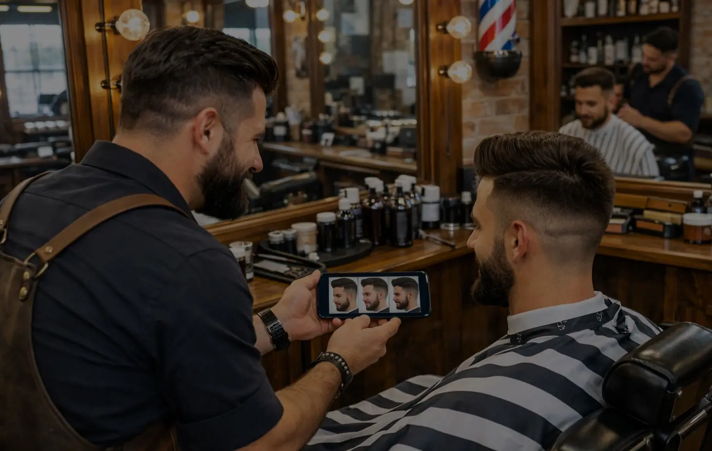 Barber showing a client AI haircut previews of his own face on a phone
