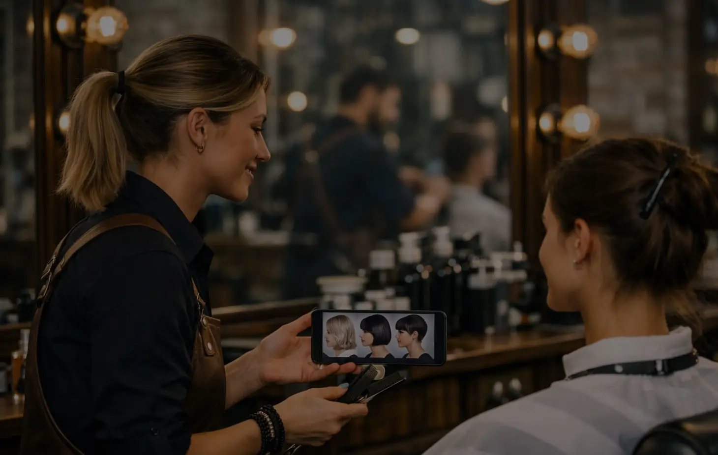 Stylist showing a client AI hairstyle previews on a phone in a salon